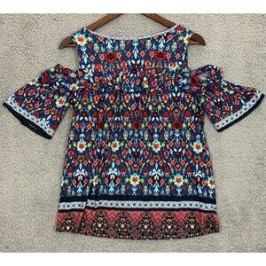 Women's Small (S) Fever Cold Shoulder Colorful Floral Blue Orange Red Blouse Top